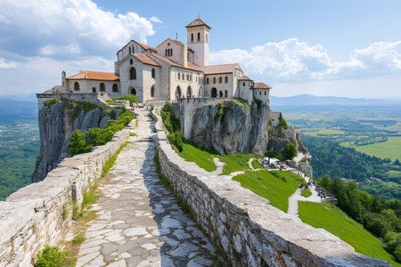 Cobblestone path leading to the Sanctuary of San Romedio, a church built on a dramatic cliff in Northern Italyの素材