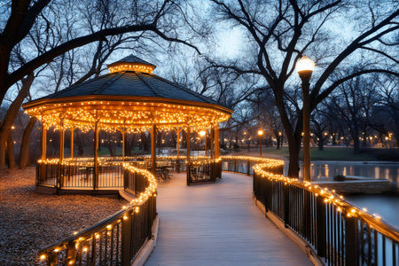 Christmas lights adorning a gazebo and pathway beside a serene pond in a quiet park at twilightの素材