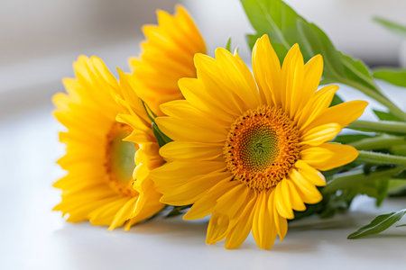 Close-up of sunflowers showing their vibrant yellow petals and dark centerの素材