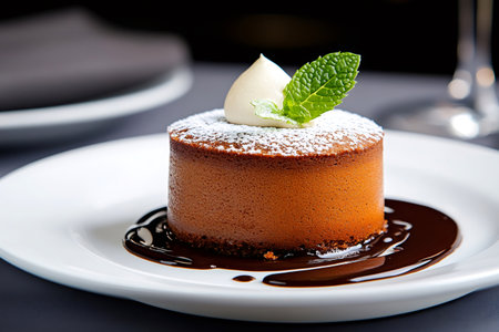 Small chocolate cake resting on a white plate with chocolate sauce, icing and mint leaf, ready to be eatenの素材