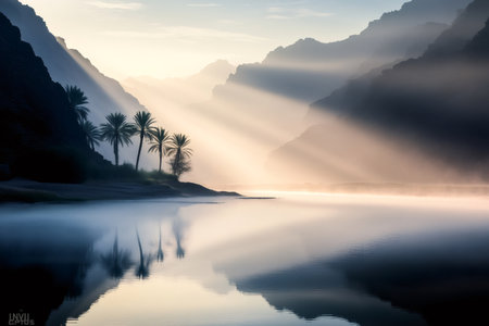 Beautiful sunrise with sun rays illuminating a misty lake with palm trees and mountains in Wadi Shab, Omanの素材