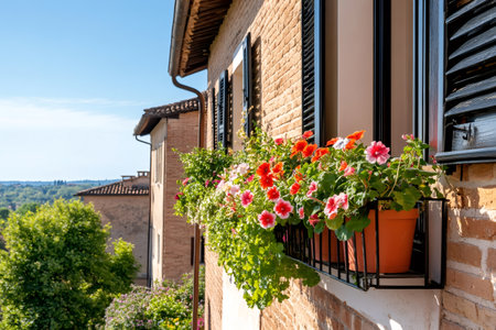 Window box full of colorful flowers decorating a brick house in a small Italian village, with a view of the surrounding countrysideの素材