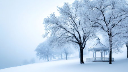 White gazebo standing near frosty trees in a snow covered park during a misty winter dayの素材