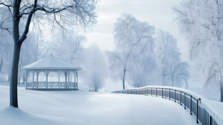 Snow covered gazebo standing in a park during winter with a wooden fence leading towards frosty treesの素材