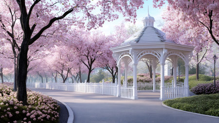Beautiful park with a white gazebo surrounded by blooming cherry trees and pink flowers in springtimeの素材