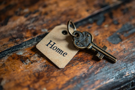 Close-up of an old key with a home tag resting on a rustic wooden surfaceの素材