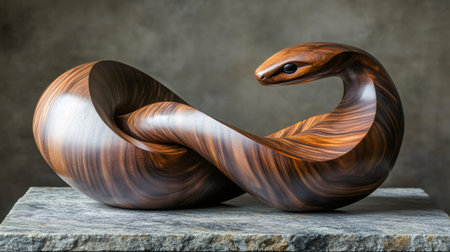 Wooden snake sculpture representing infinity placed on a stone base, representing elegance and craftsmanshipの素材