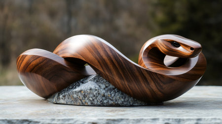 Wooden snake sculpture with sinuous curves resting on a granite rock, representing wildlife and craftsmanshipの素材