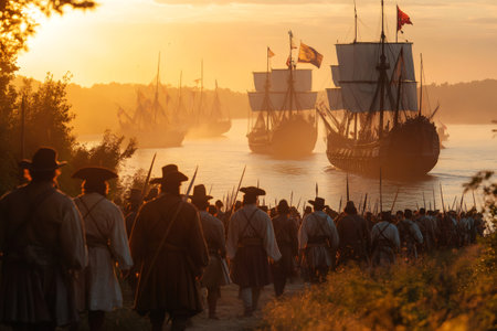 French musketeers walking towards tall ships sailing on the Saint Lawrence River at sunset in New France during the 17th centuryの素材