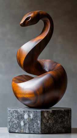 Wooden snake sculpture standing on a marble pedestal in front of a gray background, representing rebirth and transformationの素材