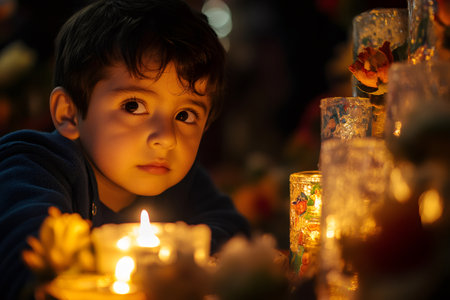 Child looking at lit candles during a celebration of the Day of the Dead in Mexicoの素材