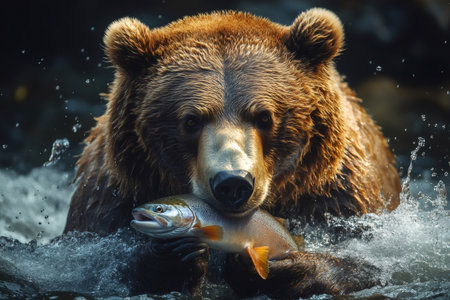 Brown bear holding salmon just caught in river, wildlife conceptの素材