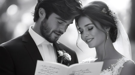 Romantic black and white portrait of groom and bride reading their vows during wedding ceremonyの素材