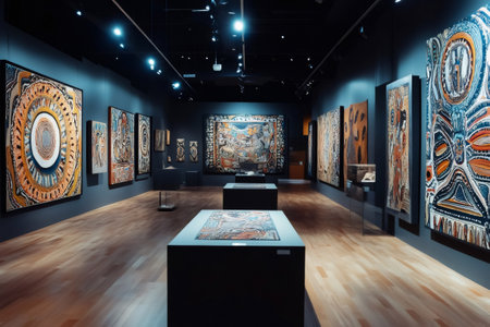 Large gallery space showcasing vibrant aboriginal paintings, celebrating indigenous art and cultureの素材