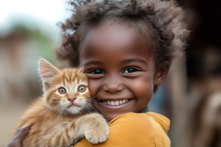 Portrait of a smiling African child hugging a small ginger kittenの素材
