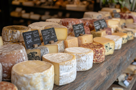 Various artisan cheeses arranged on a rustic wooden tableの素材