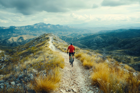 Cyclist enjoying mountain biking on a challenging trail with breathtaking viewの素材