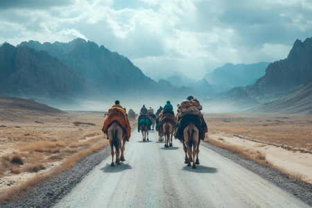 Traders riding camels transporting goods through Wakhan Corridor in Afghanistan, between Pamir and Hindu Kush mountainsの素材