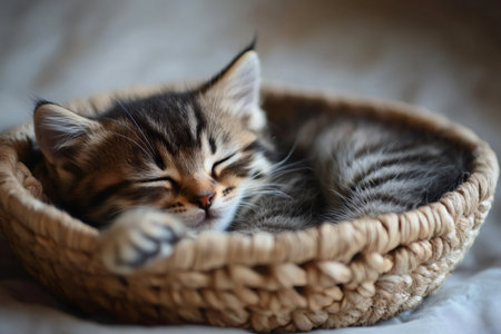 Small tabby kitten sleeping in a wicker basket on a soft blanket, enjoying a peaceful napの素材