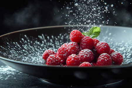 Fresh raspberries are being sprinkled with powdered sugar on a black plate, creating a sweet and delicious treatの素材