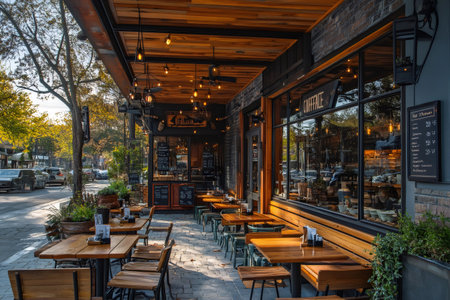 Charming cafe with outdoor seating area featuring wooden tables and chairs, creating a cozy and inviting atmosphereの素材
