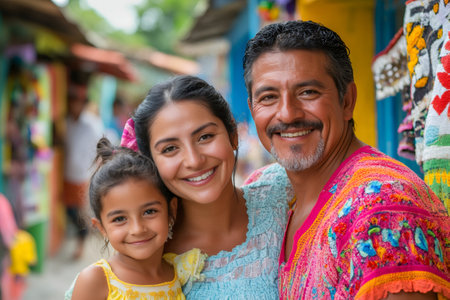 Portrait of a cheerful family enjoying their time together in the colorful streetsの素材