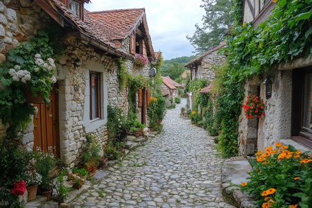 Scenic narrow cobblestone street lined with charming stone houses, colorful flower pots, and climbing vines, creating an idyllic atmosphere in Perouges medieval townの素材