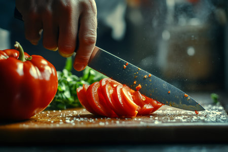 Close-up of chef's hand slicing ripe red tomatoes on a wooden cutting board, preparing ingredients for a delicious mealの素材