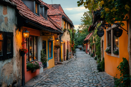 Cobblestone street of Golden Lane in Prague Castle glowing during twilight with illuminated colorful houses, street lamps and plantsの素材