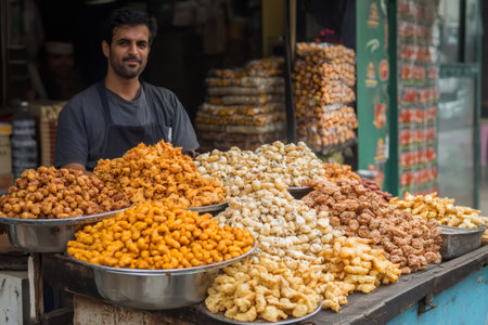Indian street vendor selling various traditional snacks in New Delhi, Indiaの素材