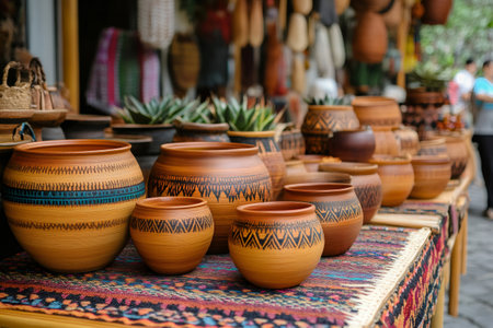 Beautifully decorated pottery displayed on a colorful rug at a craft market, showcasing traditional craftsmanshipの素材