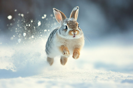 Wild rabbit running and jumping on snow in winter forestの素材