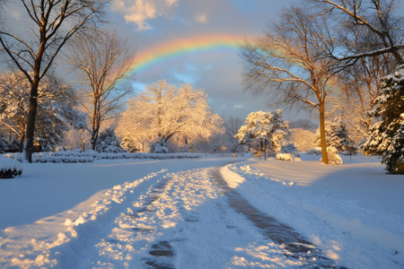 Beautiful rainbow appearing over a snow covered path and trees in winterの素材