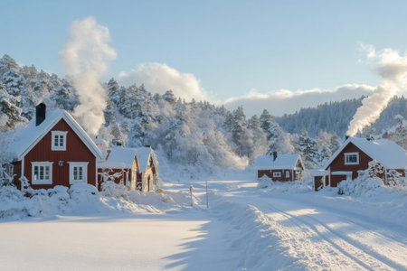 Smoke is coming out of the chimneys of some traditional red and white Scandinavian wooden houses in a snowy winter forestの素材