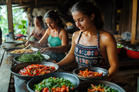 Women cooking traditional Balinese food in bowls in an outdoor kitchenの素材