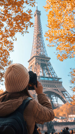 Photographer taking pictures of Eiffel Tower framed by colorful autumn foliage in Parisの素材