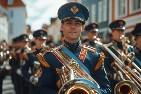 Latvian army band member playing tuba during a military parade in Riga, Latviaの素材