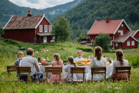 Large family having a picnic lunch in a meadow in front of their red country houses in the mountainsの素材