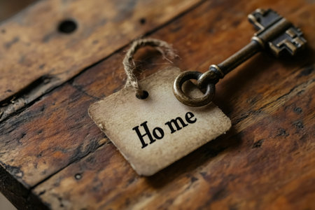 Old key with home tag is lying on wooden table, concept of sweet homeの素材