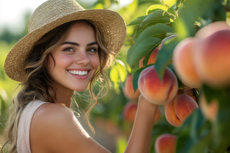 Young woman farmer with straw hat is harvesting peaches in orchard during summer sunny dayの素材