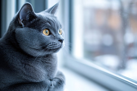 Gray british shorthair cat sitting on window sill looking out the window during winterの素材