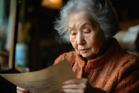 Senior woman reading a letter in the living roomの素材