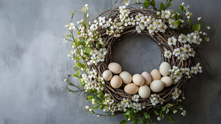 Easter wreath hanging on a gray background with copy space, decorated with small white flowers and natural eggsの素材