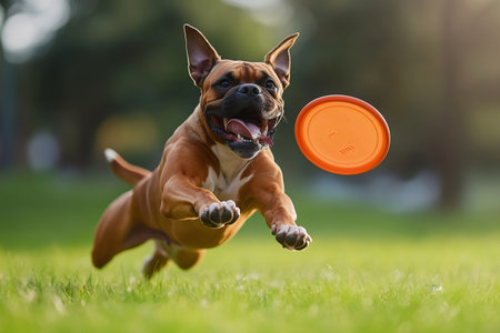 Boxer dog having fun in the park catching a frisbee in the airの素材