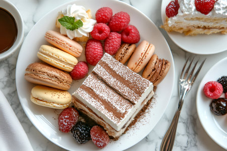 Plate with tiramisu cake, macarons, raspberries and other berries served on a white marble tableの素材