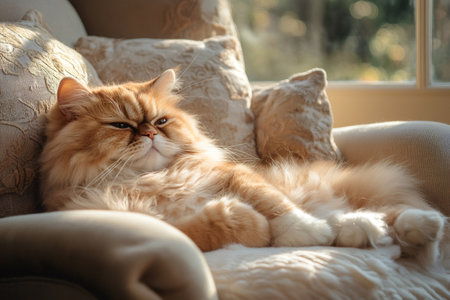 Ginger persian cat resting on a comfortable armchair near a window in a cozy home, enjoying a moment of relaxationの素材
