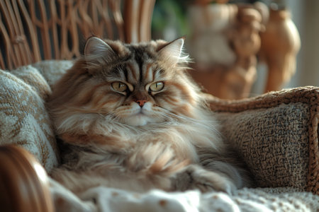 Fluffy Persian cat resting on a comfortable wicker chair, enjoying a moment of tranquilityの素材
