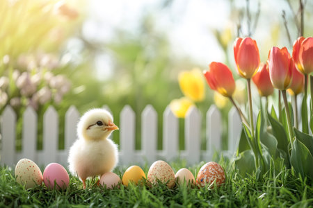 Cute baby chick standing on grass with colorful Easter eggs and red and yellow tulips in a beautiful spring gardenの素材