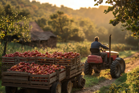 Farmer driving small tractor towing wooden trailer full of freshly harvested ripe red apples at golden hour sunsetの素材