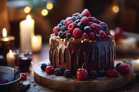Chocolate cake with dripping icing, decorated with fresh raspberries, blackberries, and gold leaf, creating a festive centerpiece for Christmas celebrationsの素材
